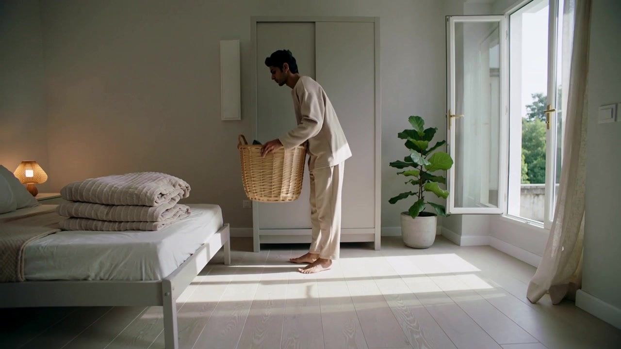 Walking man in pajamas holding woven basket entering bright bedroom, placing linens for laundry