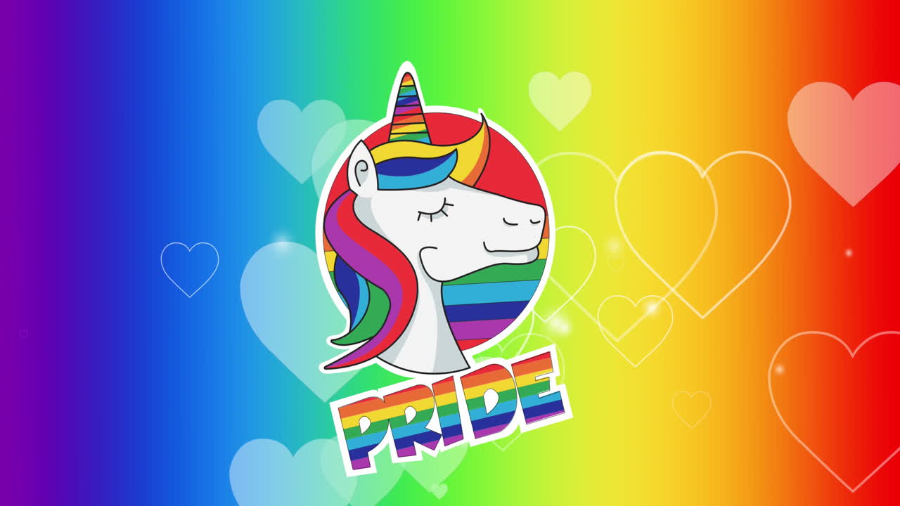 animación de texto de orgullo, unicornio y corazones.