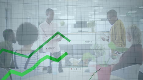 animation of financial data processing over diverse colleagues having meeting in office