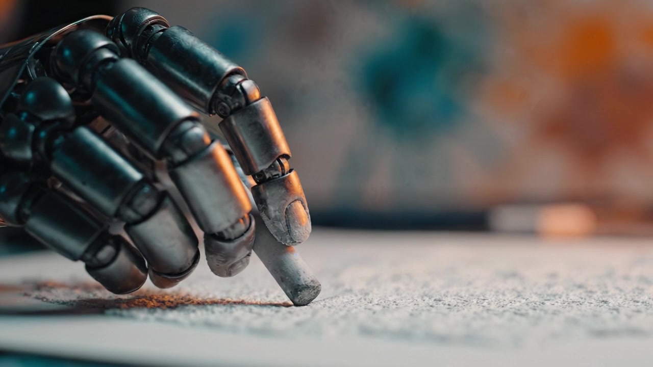 A robotic hand delicately creates art on paper, showcasing the blend of technology and creativity as it draws with precision and elegance.