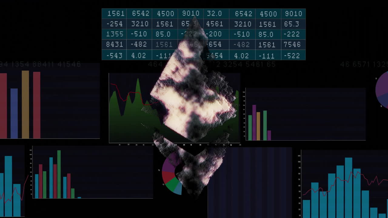animación de datos financieros y gráficos sobre formas geométricas abstractas y efectos de relámpago