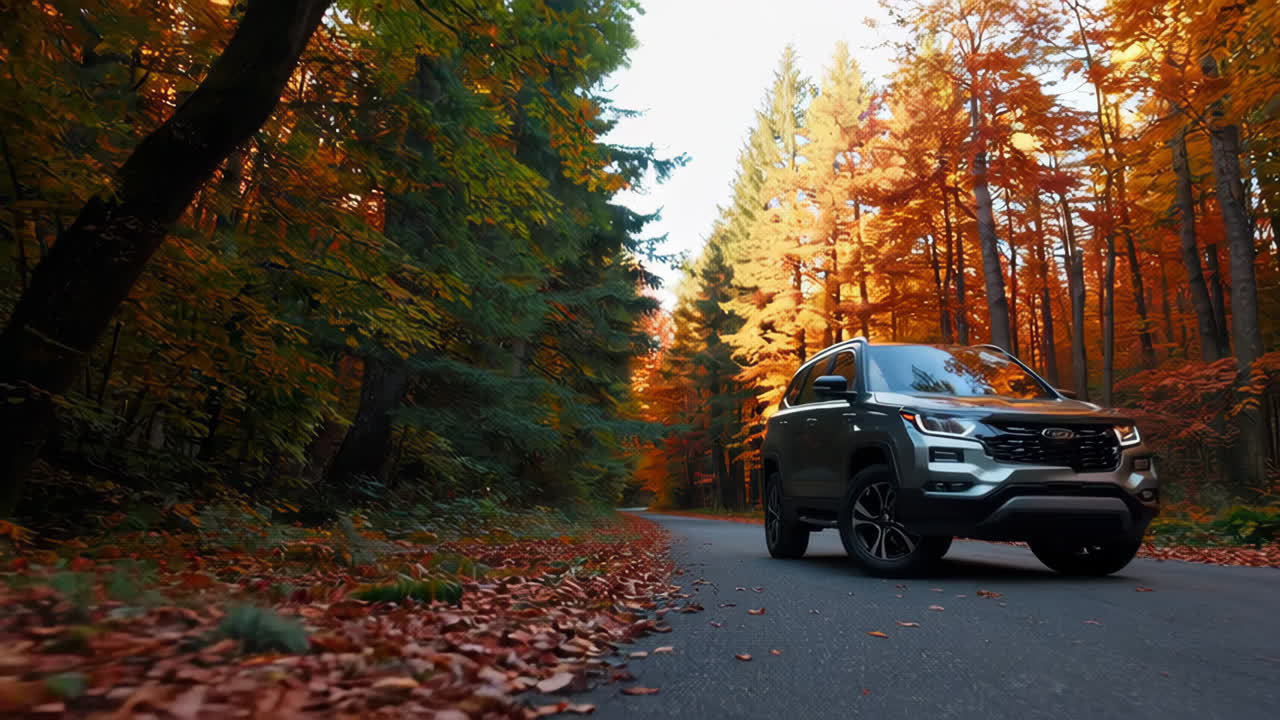 SUV driving through a fall forest