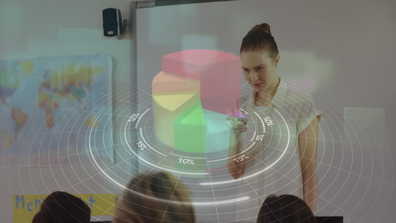 procesamiento de datos estadísticos contra la maestra caucásica que enseña en una clase en la escuela