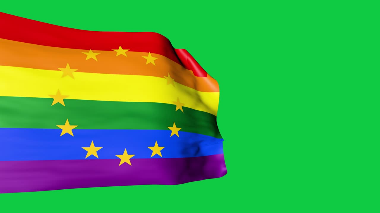 la bandera de la unión europea y el arco iris combinados y ondeando.
