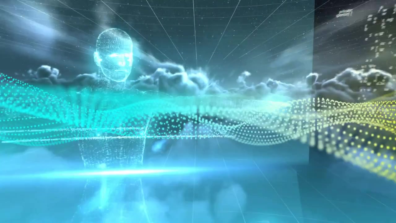 Cyan glød starter forming av en avatar, roterer til høyre, bølgeform beveger seg på brystpanelene og visualiserer data.