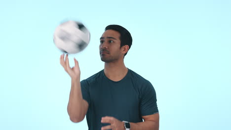 soccer ball, smile and face of man in studio