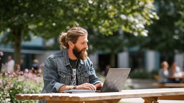 Fokuseret person, der arbejder udendørs. Personen sidder ved et træbord med en laptop midt i en levende natur, der viser kreativitet og koncentration