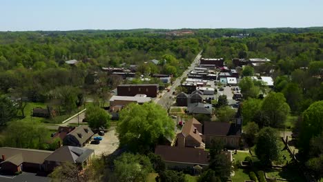 Drone-Orbit-Left-of-Small-Town-USA-Downtown-Hillsboro-North-Carolina-in-the-summer