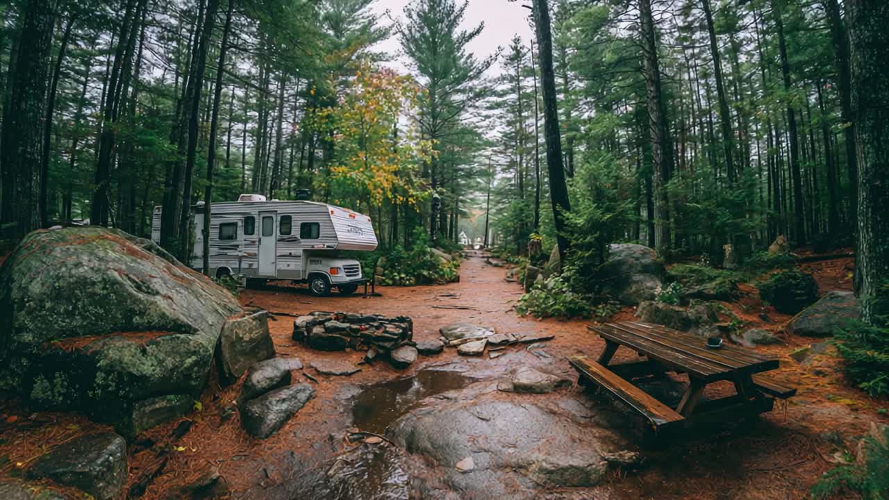 Ritiro in campeggio panoramico con un camper accogliente tra una vegetazione lussureggiante e una natura tranquilla