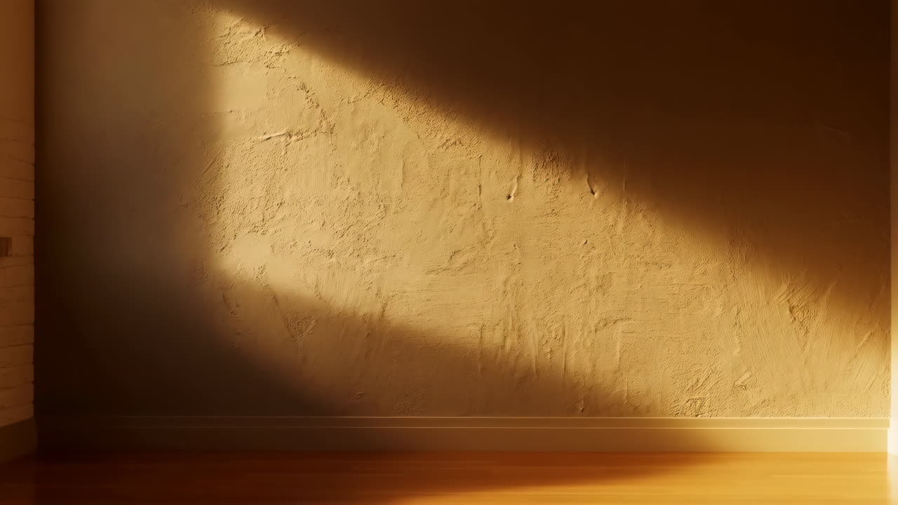 Empty Room with Sunlight Casting Shadows on a Textured Wall and Wooden Floor