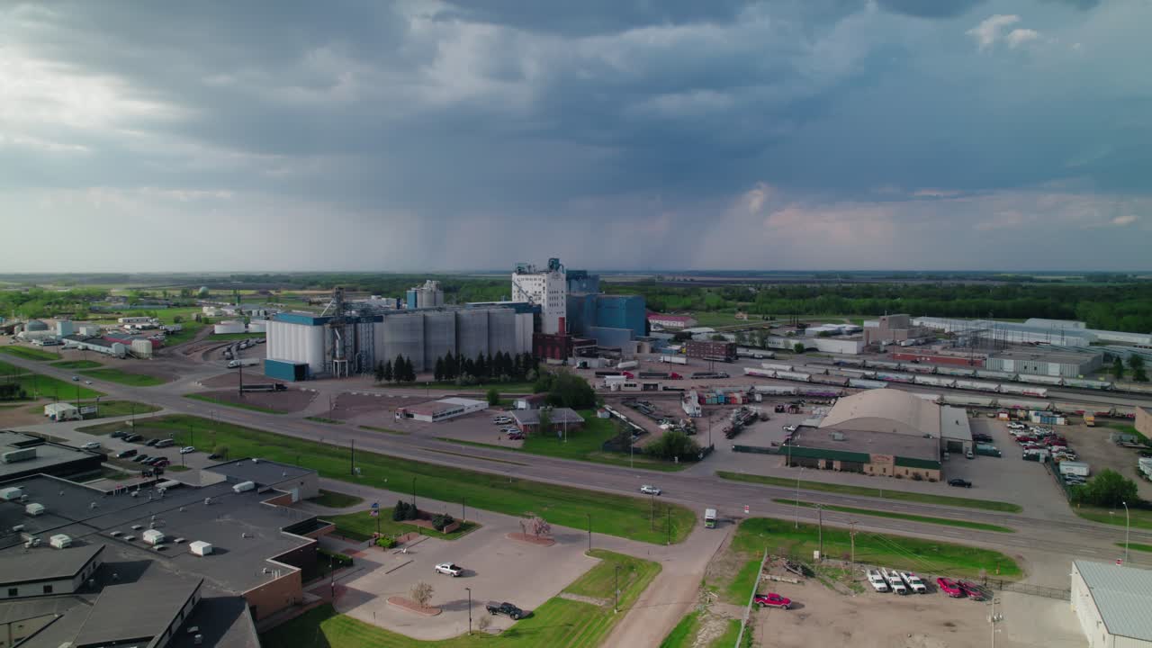 Aerial view of Fargo North Dakota industrial district under stormy skies