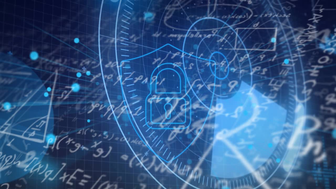 animación de ecuaciones matemáticas sobre iconos digitales en fondo negro