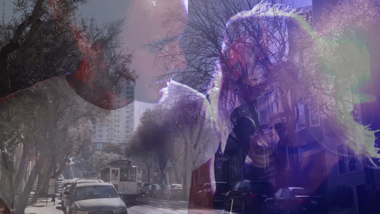 Musical duo singing into microphone on uphill street, integrating music business motion graphics