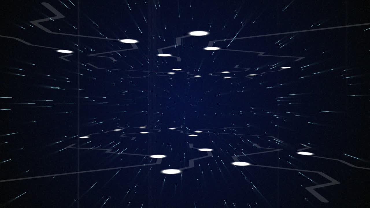 Animation of glowing white points with light trails moving on night sky with stars