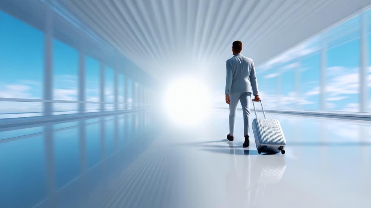 A person in a sleek suit carries a suitcase through a modern, futuristic hallway filled with natural light, representing the journey towards new opportunities and experiences in life
