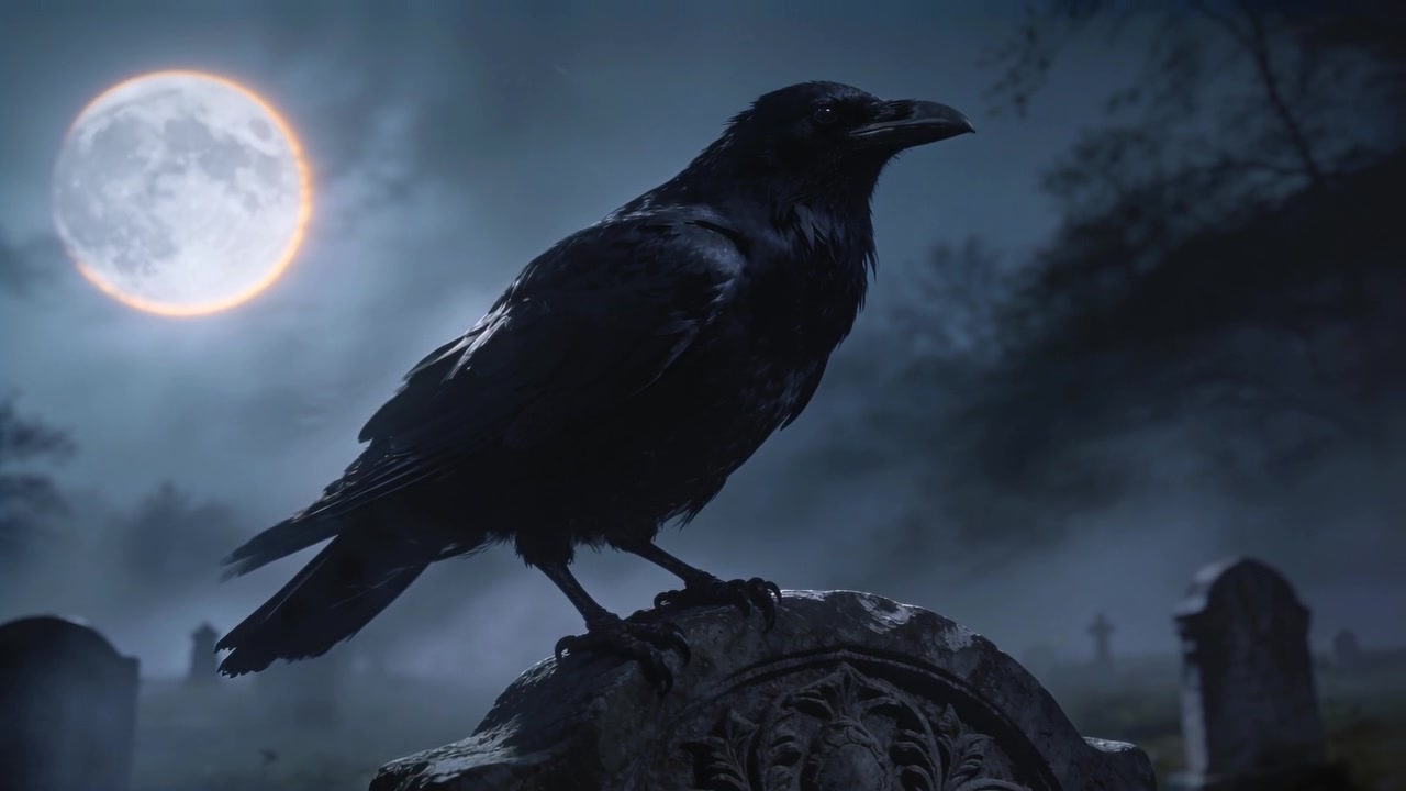 Corvo appollaiato che reagisce alla nebbia che si sposta, muovendosi e arruffando le piume su una tomba in un cimitero sotto la luna piena.