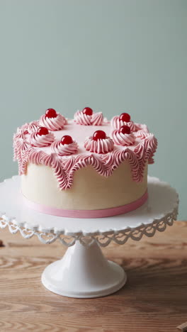 pink whipped cream cake with cherries