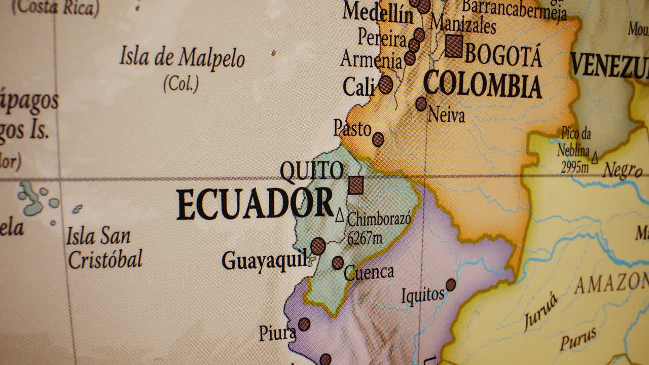 Close-up view of a map centered on Ecuador in South America