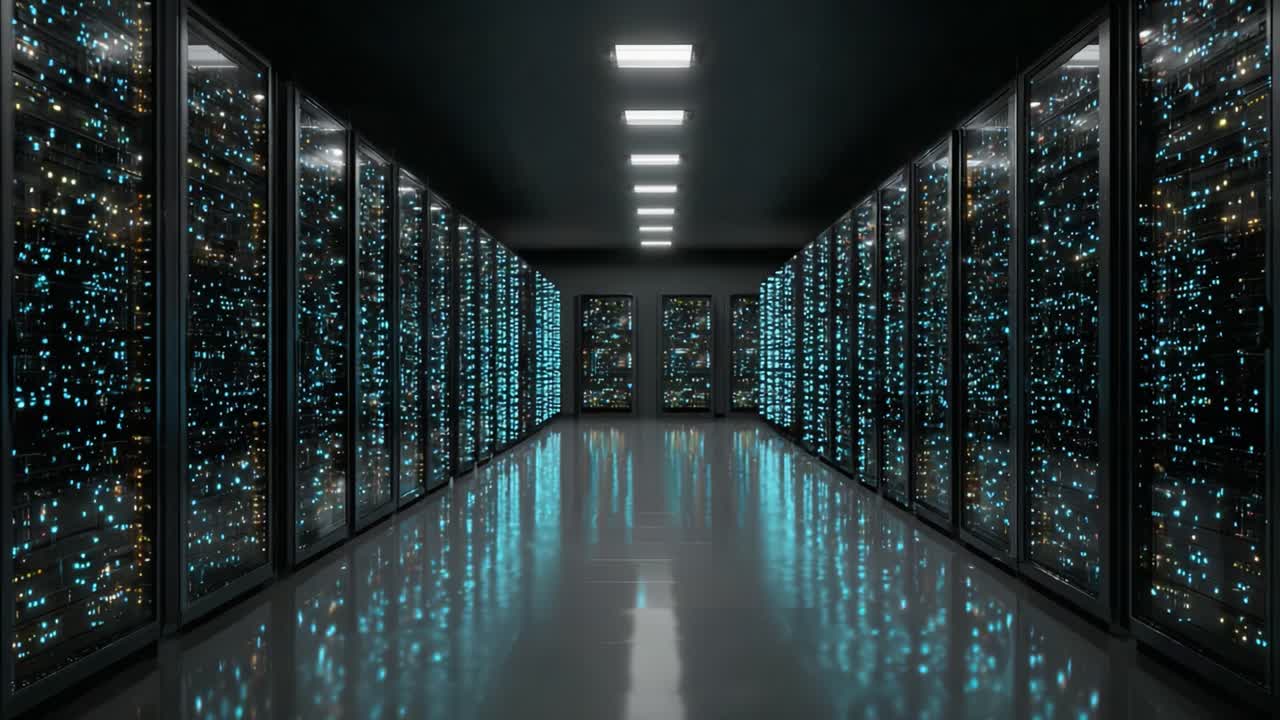 Futuristic Data Center: An Inside Look at Rows of High-Tech Servers Illuminated by LED Lights in a Dark, High-Performance Environment