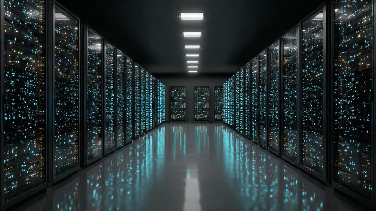 Futuristic Data Center: An Inside Look at Rows of High-Tech Servers Illuminated by LED Lights in a Dark, High-Performance Environment