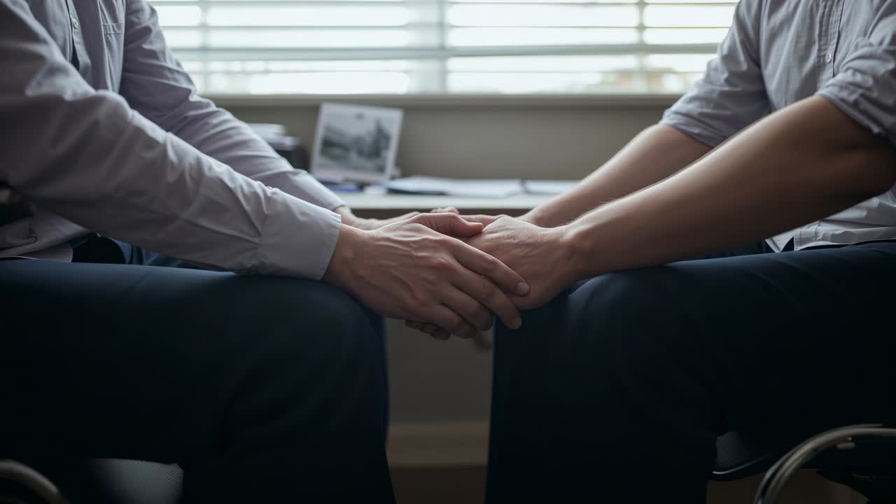 Uomo con camicia appoggia le mani a sinistra per sostenersi con l'uomo seduto in ufficio vicino al bracciolo