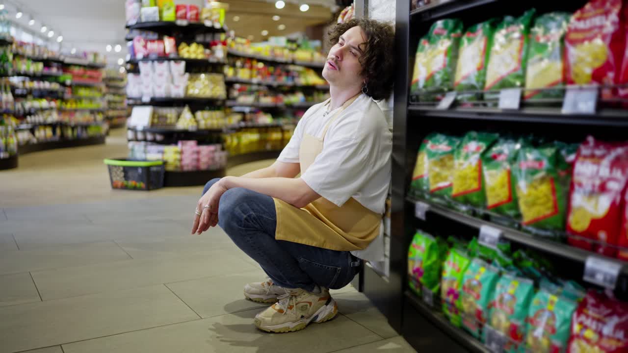 곱슬 머리카락과 노란색 앞 슈퍼마켓 직원이 일을 하는 동안 휴식을 취하기 위해 상품을 가진 선반에 기대어