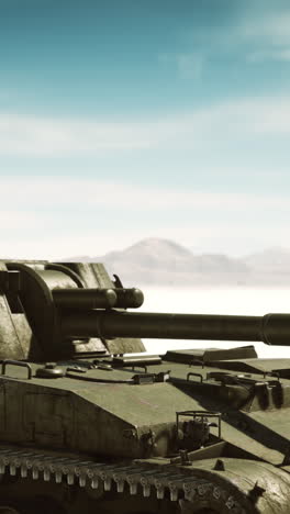 close-up of a military tank in a desert landscape