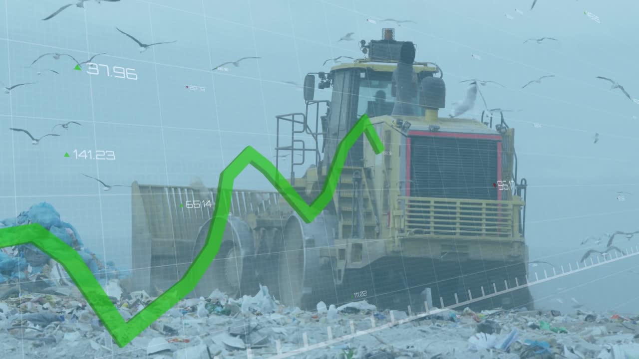 Animation of financial data processing over a garbage dump