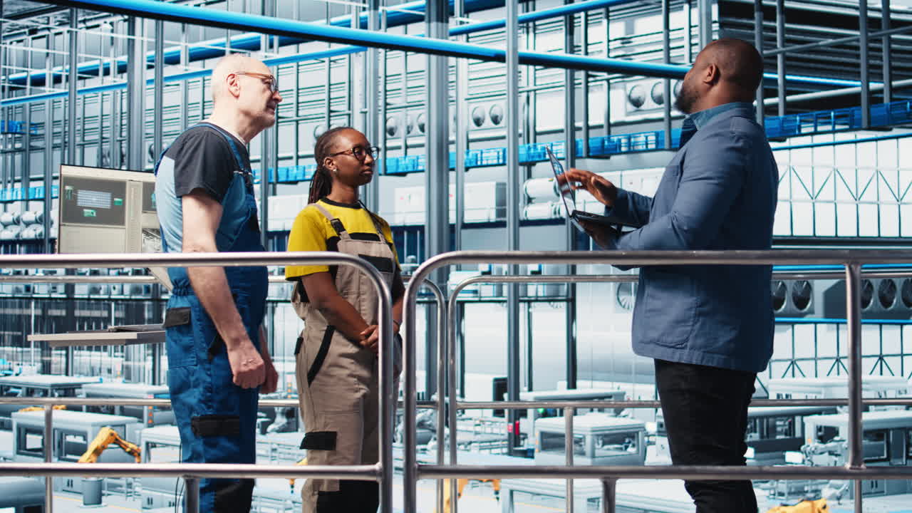 Photovoltaics smart factory investor analyzing data and talking with engineers