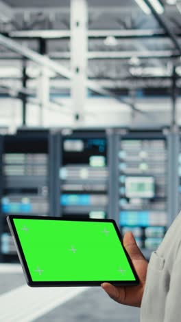 vertical video engineer in data center using mockup tablet to develop disaster recovery plans