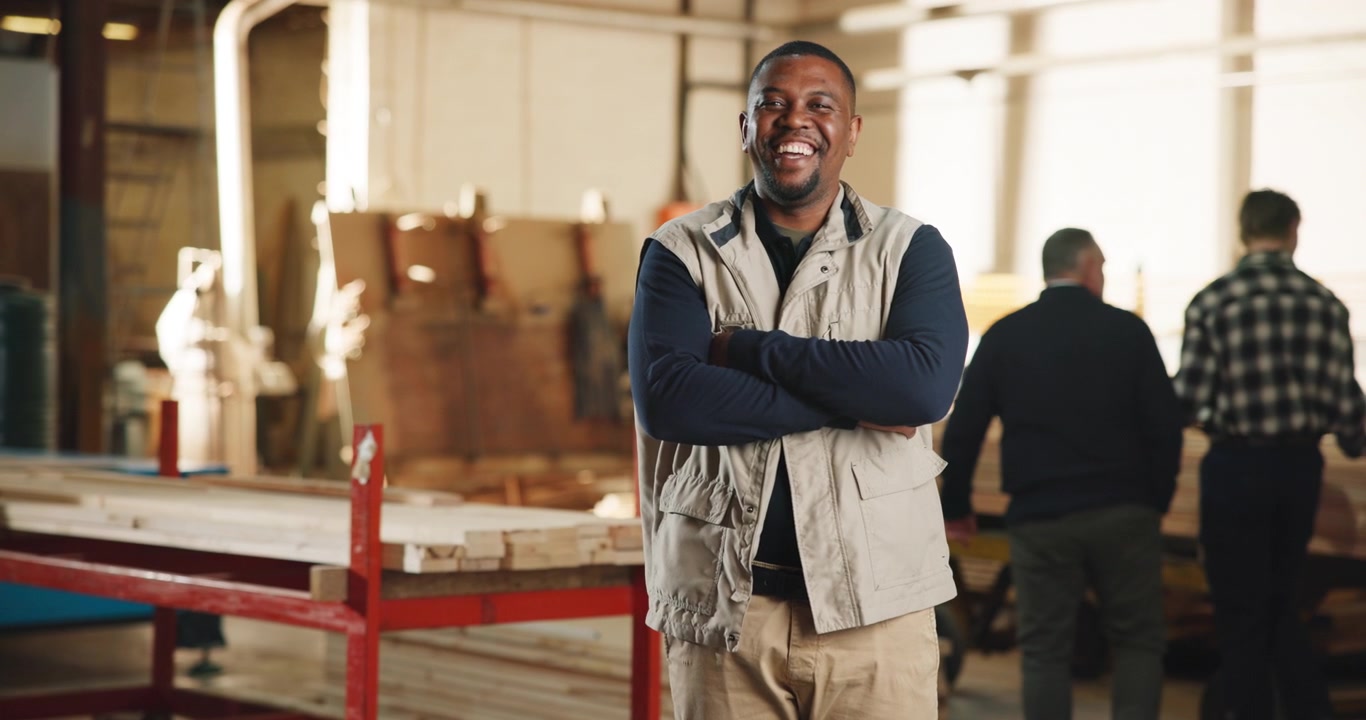 Smiling African American Carpenter Standing in Woodworking Workshop