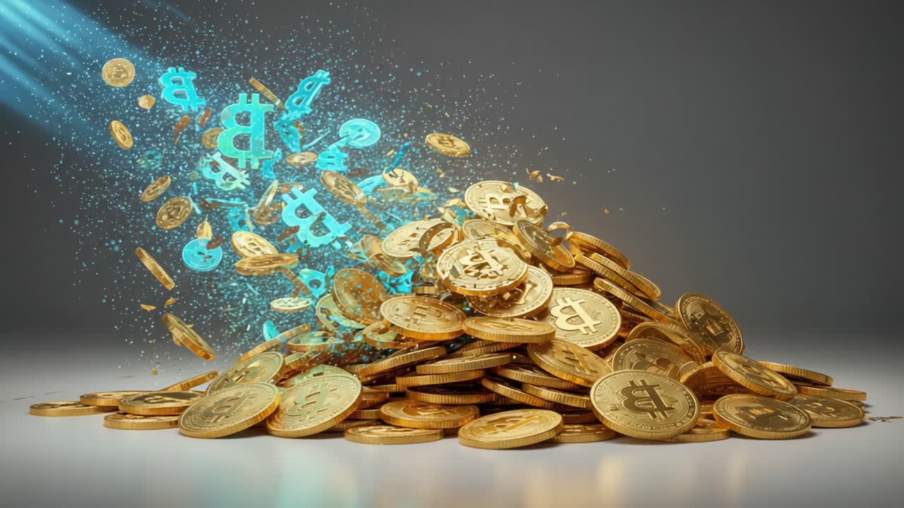 A Stunning Display of Digital Currency: Glimmering Gold Coins and Flashes of Cryptocurrency Symbols Create a Mesmerizing Scene of Wealth and Innovation