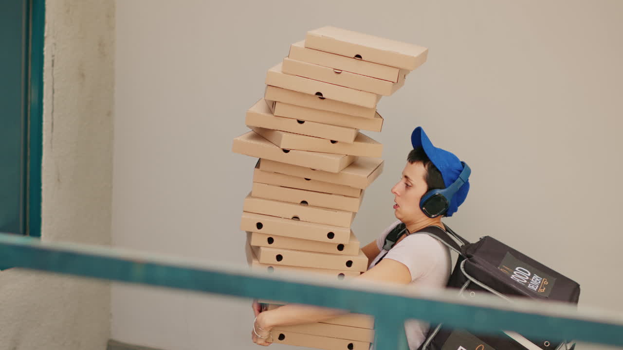 Delivery person carrying pizza boxes