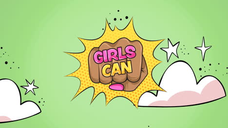 animación de texto niñas poder en los puños femeninos, sobre el cielo nocturno