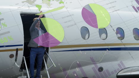 animation of infographic interface over caucasian man standing at door of airplane and waving hand