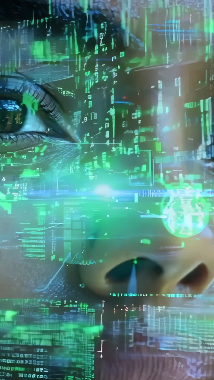 A woman with green face paint on her face. The woman is looking at the camera. The green face paint gives the impression of a futuristic or sci-fi look