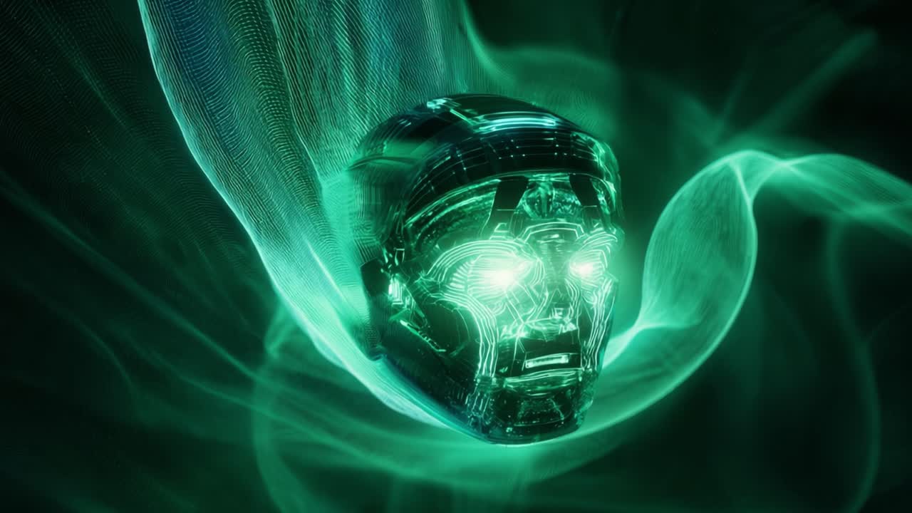 Futuristic artificial intelligence concept showing a robotic head with glowing eyes surrounded by a green holographic data field, representing virtual reality, cyberspace, and advanced technology
