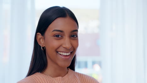 Face-of-woman-with-smile-in-home-with-window