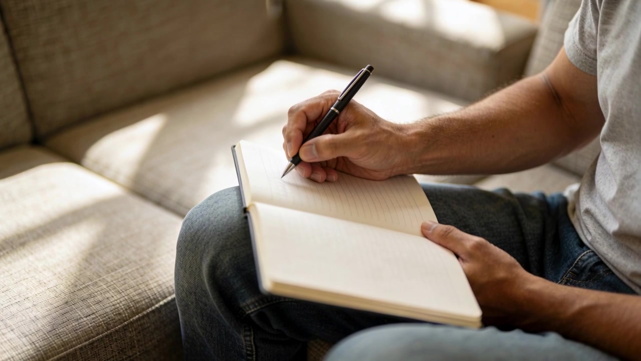 Man in gray t-shirt, jeans writing on notebook in lap on sofa with black pen poised