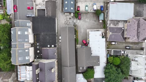 Top-Down-Aerial-View,-Streets-and-Homes-in-Downtown-Kirkwall,-Orkney-Scotland-UK