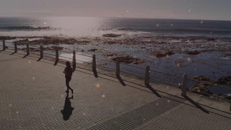 woman walking coastal walkway, showing floating smartphone icons and chart animations for marketing