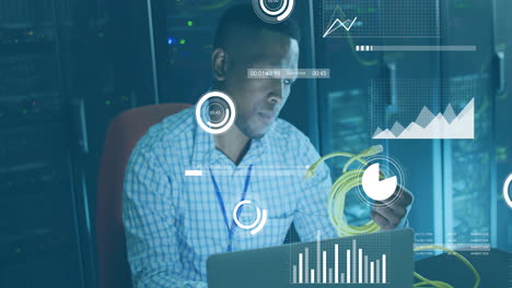 animation of financial data processing over african american businessman working in server room