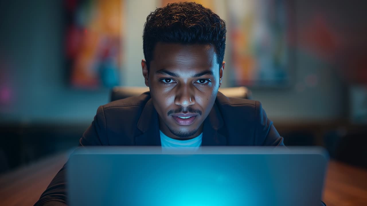 Discovering man wearing blazer leaning forward reading teal laptop screen at desk with abstract art