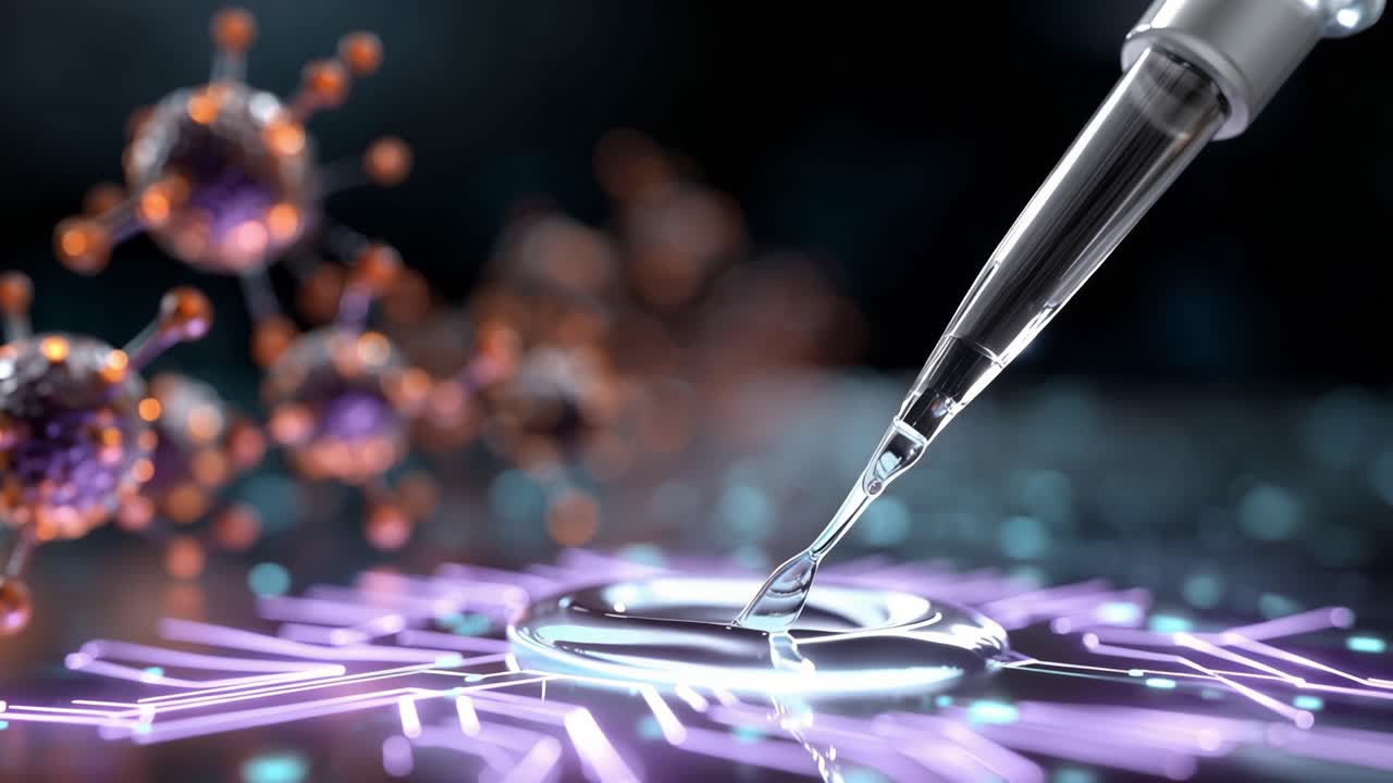 Fütüristik Bir Ortamda, Moleküler Yapılarla Çevrili Yüksek Teknolojili Bir Yüzeye Pipetle Sıvı Damlatılan Bir Laboratuvar Deneyinin Mikroskobik Görüntüsü