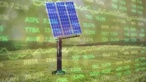 Animation-of-multicolored-trading-board-over-solar-panel-on-green-filed-against-sky