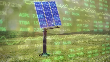 animación de tablero de comercio multicolor sobre panel solar en verde archivado contra el cielo