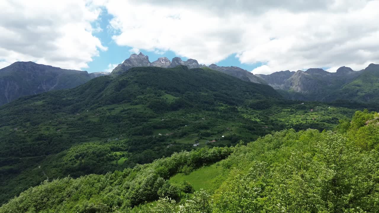 Durmitor National Park region in summer with Durmitor mountain massif in background, Aerial