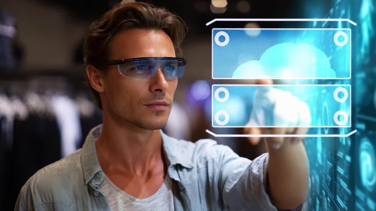 A man interacting with augmented reality through smart glasses, engaging with digital interface elements in a modern retail environment showcasing technology integration