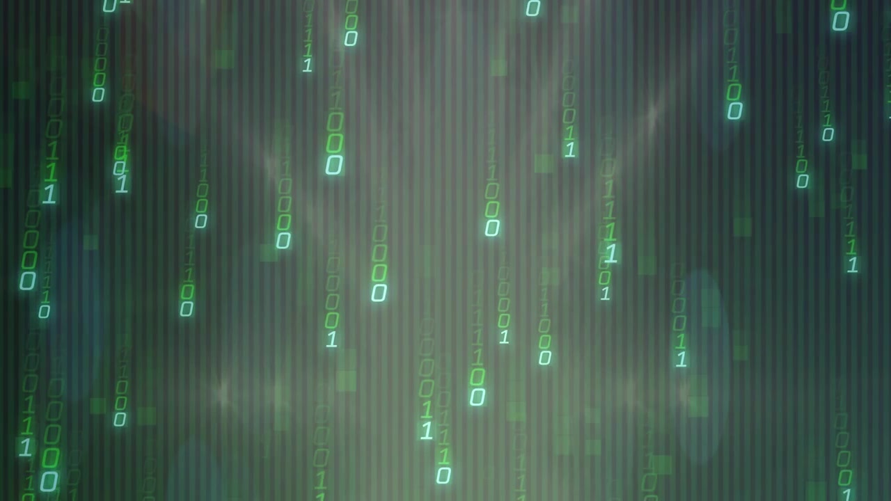 Binary code streams falling from top on backdrop, cascading into denser rain visualizing data flow
