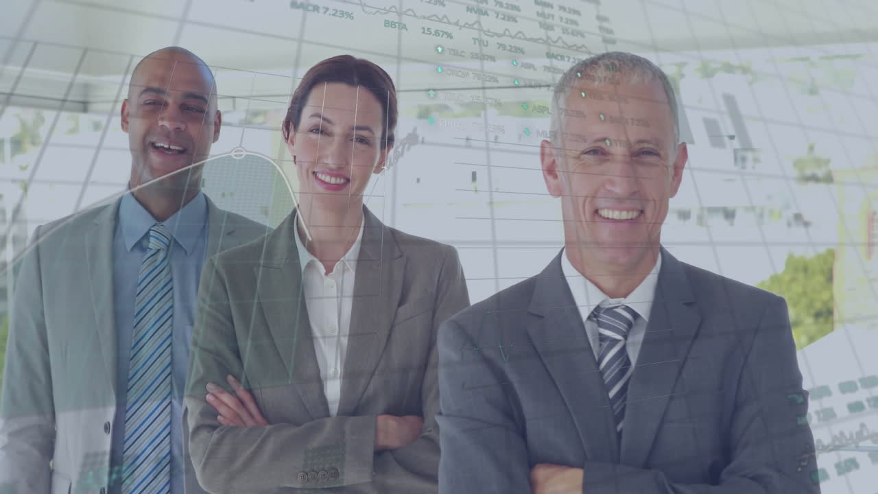 Smiling business professionals analyzing financial data with animation overlay in office
